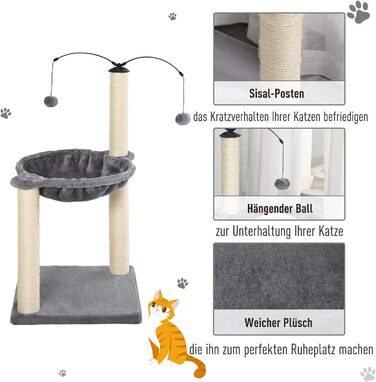 Дерево для котів PawHut з гамаком, когтеточкою та іграшкою, сірого кольору, 40x40x72 см