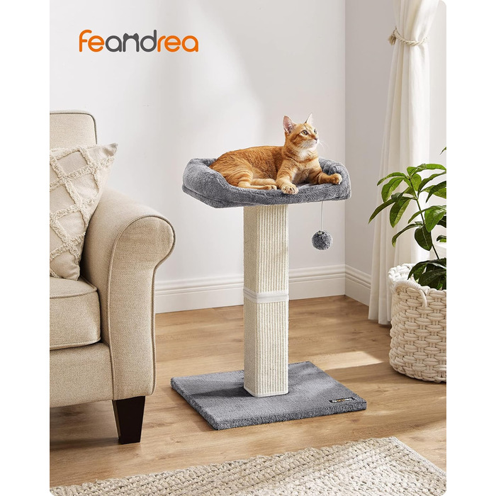 Feandrea Когтеточка-дряпка для котів 71 см, сірий, із платформою 40x30 см, стовпчиком із плетеного сизалю, плетена основа 45x40 см, з іграшкою, плюш