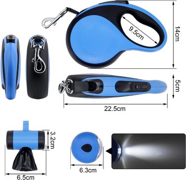 Леєнка для собак MoYouno 8 м з відтягувачем та тримачем для пакетів, синього кольору
