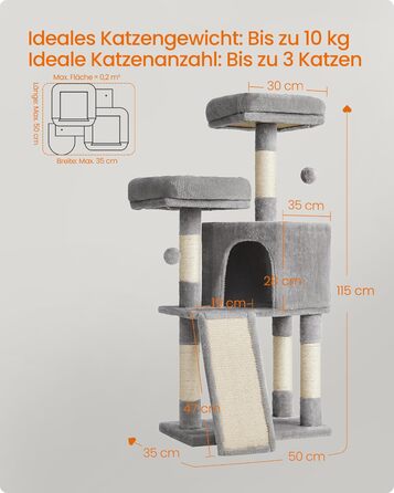 Дерево для котів FEANDREA Kratzbaum, 115 см, сірий, з платформою та когтеточкою, з м'якого плюшу, повністю обмотане сизалем, PCT141W01