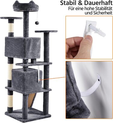 Кігтеточка для котів Yaheetech, велика, 178 см, з 3 платформами, 3 стовпчиками, 2 будиночками, м'ячі, сірий колір