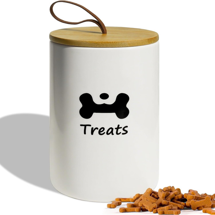 Керамiчний контейнер для ласощів для собак, 7.7'x5', білий, з кришкою