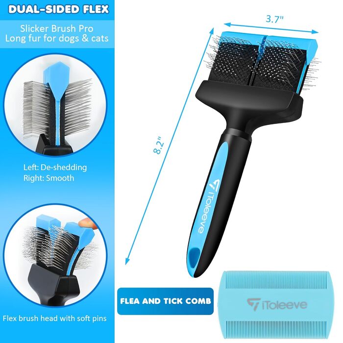iToleeve Dual Flex професійна щітка для довгошерстих собак і котів, для видалення підшерстя, ковтунів і вузлів