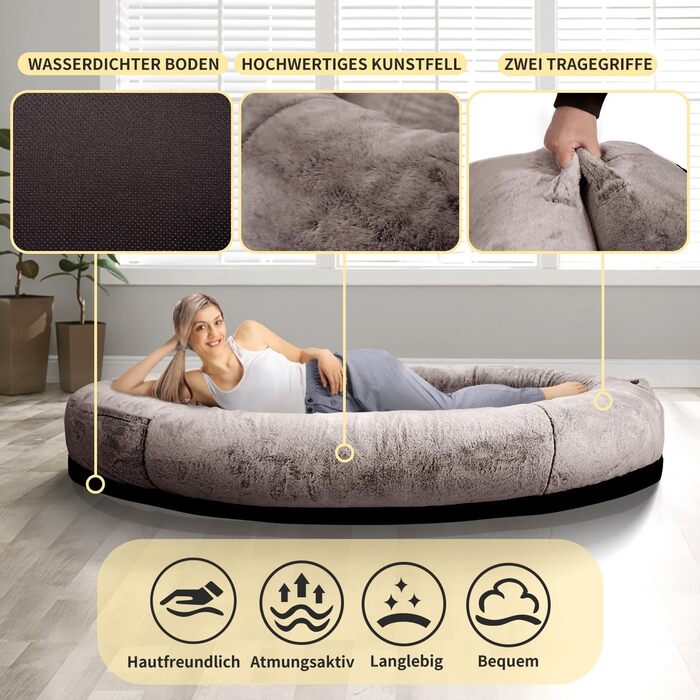 Крісло-ліжко для собак великих порід та людей, 180x114x35,6 см, з штучним хутром, ковдрою та подушкою, FURRYFECTION