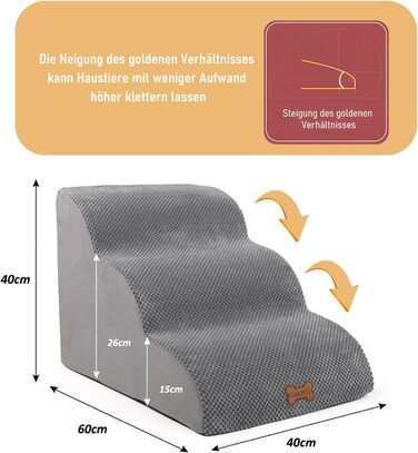Сходинки для собак Caliyo, 3 сходинки, для маленьких собак, з високощільним губчастим матеріалом, знімний, washable cover, неслизьке дно (60 x 40 x 40 см, сірий)