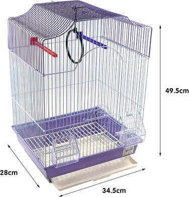 Клітка для птахів з годівницями, жердинами та гойдалками, 34,5 x 28 x 49,5 см, зелена/фіолетова