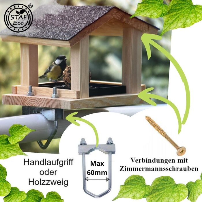 Годівниця для птахів на балкон Vogelfutterhaus, дерев'яна, ручна робота, для садових і диких птахів, з кріпленням на балкон, розмір 30-60 мм, натуральне дерево, стійка до погодних умов