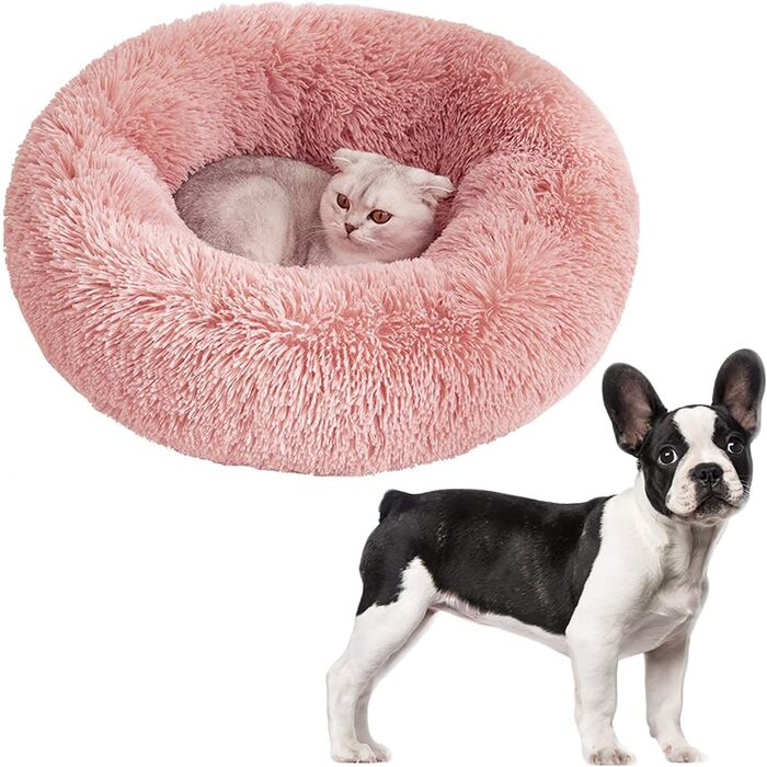 OKPOW Крізьке ліжко для собак: м'яке, кругле ліжко для цуценят, анти-страх, комфортне ліжко для котів, плюшеве ліжко для домашніх тварин, пральне, Ø60см, рожеве (M)