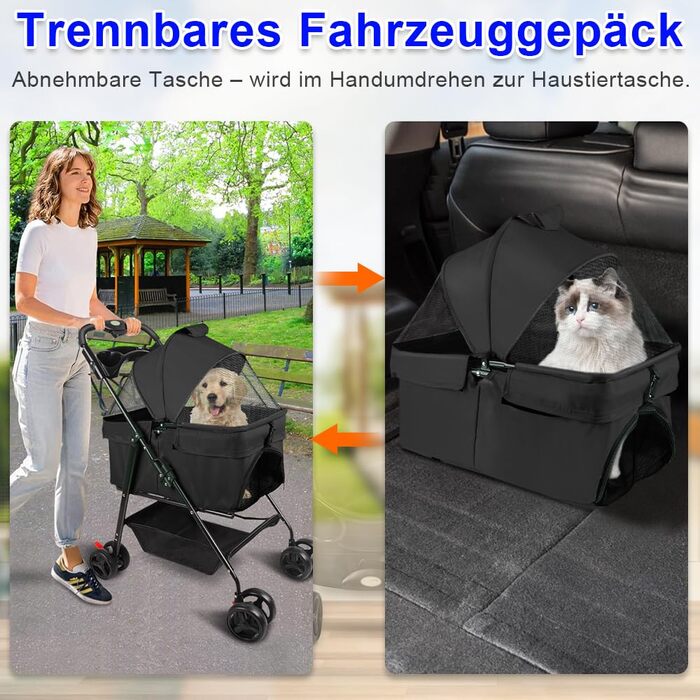 Візок для собак та котів OHMG Hundebuggy, до 25 кг, чорний, з сітчастим вікном та тримачем для напоїв