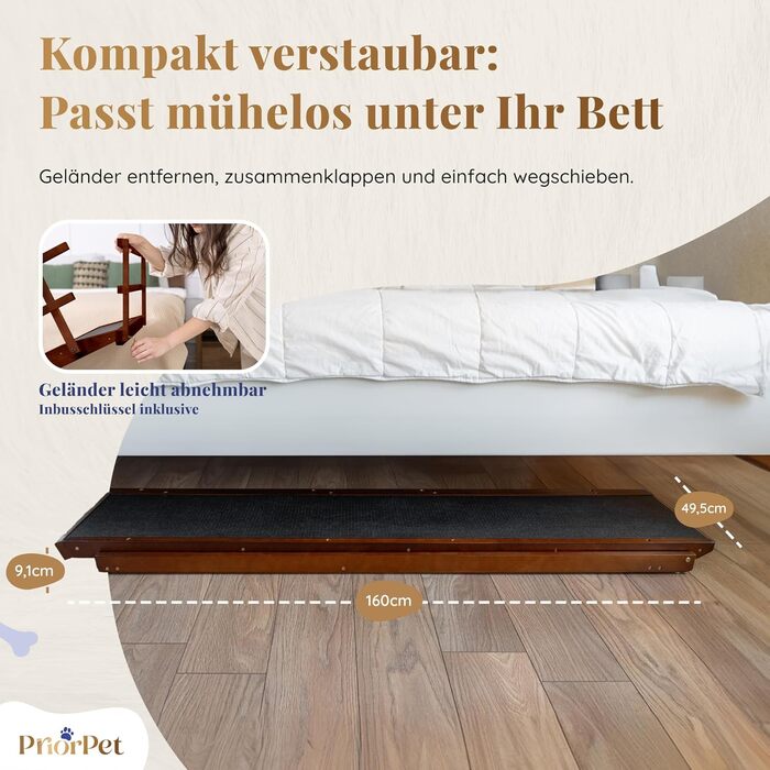 Східці для собак до ліжка з поручнями - для великих собак до 90 кг - регульована висота до 94.5 см - ширина 49,5 см - складані - антиковзні ручки - береза - натуральний колір (волоський горіх)