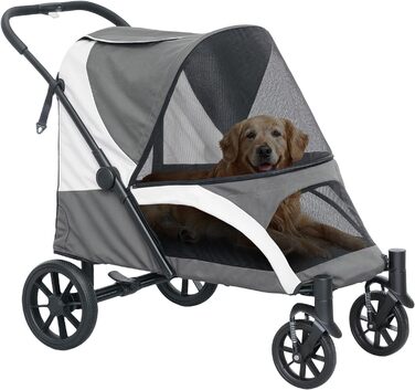 Візок для собак та котів PawHut - розкладний, до 30 кг, з подушкою, сіткою, гальмівною системою та гамаком. Колір: темно-сірий