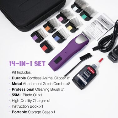 Професійна машинка для стрижки собак, 2 швидкості, ергономічний дизайн, для собак та котів, фіолетовий колір