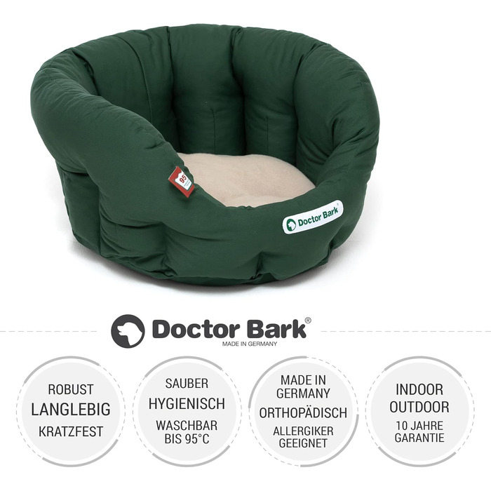 Ортопедичне кругле ліжко-кошик для собак Doctor Bark з м'якою змінною подушкою та іграшкою ToyBone, для малих порід, зелено-бежевий, розмір S (40x35 см), пране при 95°C, вироблено в Німеччині