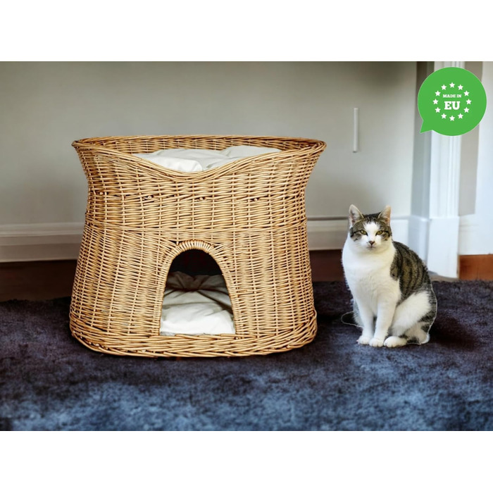 Кошик для котів для сну, котяча хата з лози, двоповерхове ліжко для котів і собак 60 см з м'якою подушкою, натуральний колір