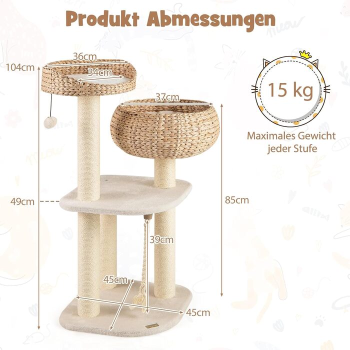 Драбина-стінка для котів GOPLUS з сизалевими стовпчиками, м'ячиком, гачком, просторою платформою, гніздом з соломи та стійкою конструкцією. Підходить для кількох котів (Бежевий)