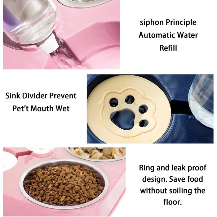Миска для кота з нержавіючої сталі 3 в 1 з автоматичним дозатором води, подвійна миска для котів та собак (рожева)