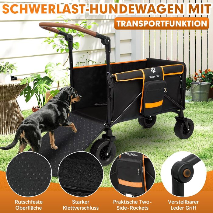 Візок для собак Snagle Paw з заднім люком та рампою, великий, складний, для великих та середніх собак, з регульованою ручкою та стоянковим гальмом, 4 колеса для прогулянок, джоггінгу, подорожей, до 90 кг, чорний/помаранчевий