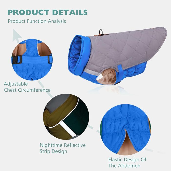 PETCUTE Водонепроникний зимовий дощовик для собак, теплий дощовик для собак середніх та великих порід, з світловідбиваючими смугами, з отвором для шлейки, сірий+блакитний