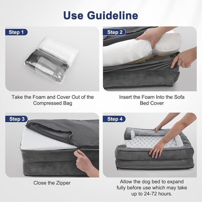 Ортопедичне собаче ліжко FURTIME для великих собак – XL вологостійке диванчик для собак, ультра-комфортне, підтримуюче ліжко з піною, знімний, пральний чохол, ліжко для собак Jumbo, сірий, 122 x 89 x 17 см
