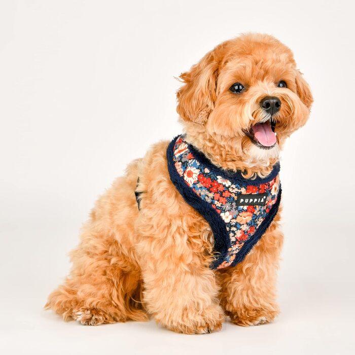 Тепла шлейка Puppia Gianni для собак, зимова, квітковий візерунок, регульована, для малих і середніх порід, темно-синя, розмір L