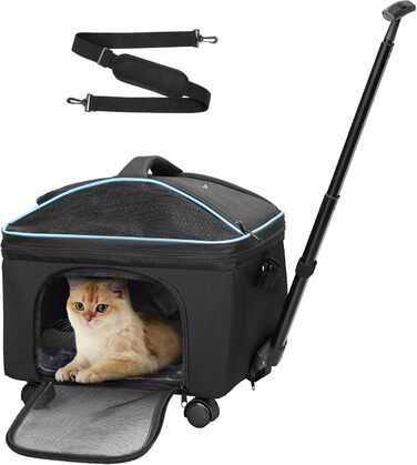 Трансформер для котів та маленьких собак Babenest: сумка-переноска з колесами, для подорожей літаком, з телескопічним ручками та ременем, чорна