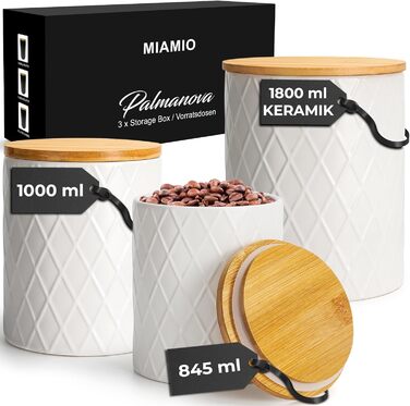 Набір з 3 вазок для зберігання Miamio Palmanova, кераміка з дерев'яним кришкою, білий колір