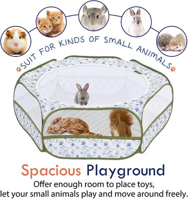 Pawaboo: Фрейгехеге для дрібних тварин, водовідштовхуваний, складаний, для кроликів, курей, кошенят, цуценят, кроликів, хом'яків. Візуальний вольєр з сіткою, блискавкою та нейлоновим дном (Синій + Білий квітковий принт)