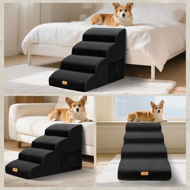 Сходинки для собак, 4 сходинки, знімний поручень, антиковзка поверхня, для ліжка та дивану, з високощільним губчастим наповнювачем (Чорний)