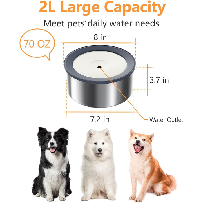 Нержавійна чаша для води для собак 2L, не протікає, без облизування, для дому, вулиці, авто