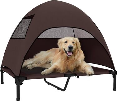 Лежанка для собак PawHut Outdoor з дахом, підняте ліжко для середніх собак, ліжко для домашніх тварин з охолоджуючим ефектом та знімним м'яким матрацом, сталевий каркас, переносна сумка, для вулиці та кемпінгу, 76x61x71 см, колір кавовий