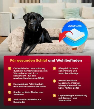 Ортопедичне ліжко для собак HS-Hundebett® Deluxe Exklusiv S (60x75 см) з Memory Foam, антиковзаючою основою та можливістю прання. Виготовлено в Німеччині (пісочний колір)