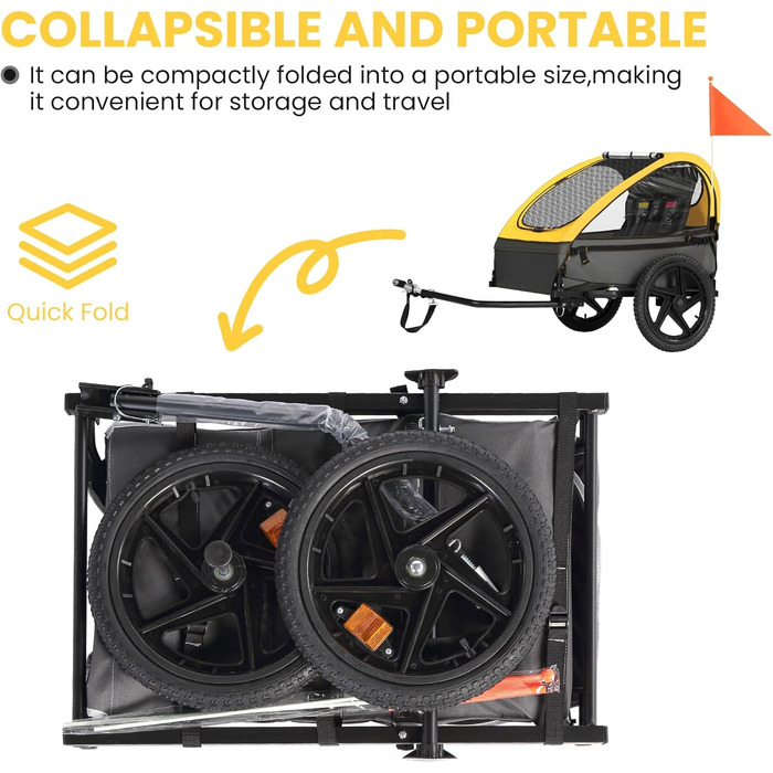 Причеп для велосипеда Sepnine для 2 дітей, від 12 місяців, швидко кріпиться, складаний, з 5-точковим ременем та кишеньками для зберігання, BT609-Жовтий