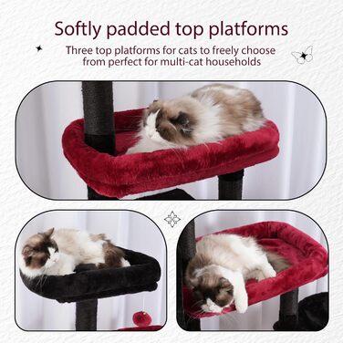 Дерев'яний будиночок для котів Hey-brother з розширеною конструкцією, широкими платформами, затишними печерами, гамаками, сизалевими стовпчиками та м'ячиком, 178 см, MPJ038W (Чорний та Червоний)