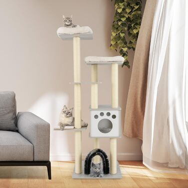 Кігтеточка для котів Costway 6-ярусна, 176 см, з лежаком, будиночком та аркою, сіра