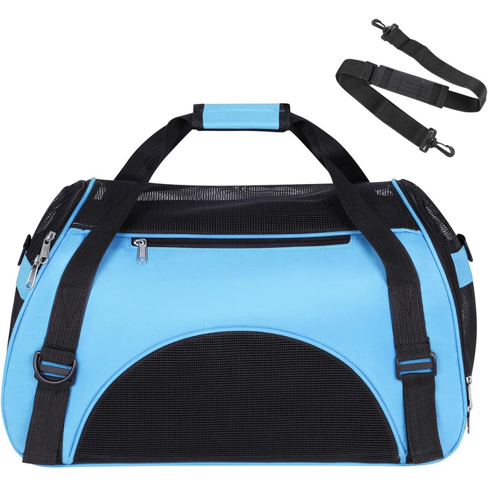 Транспортна сумка для собак і котів, сітка, дихаюча, складна, миється, з підстилкою, регульований плечовий ремінь, блакитна (42 x 20 x 25.5 см)