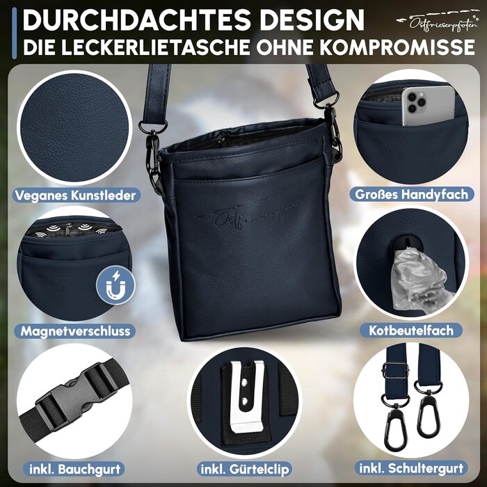 Футляр для ласощів для собак Leckerlibeutel 'Frieda' з високоякісної штучної шкіри, темно-синій, розмір L, з магнітною застібкою EasyOpen, сумка для прогулянок з ласощами для собак, темно-синій