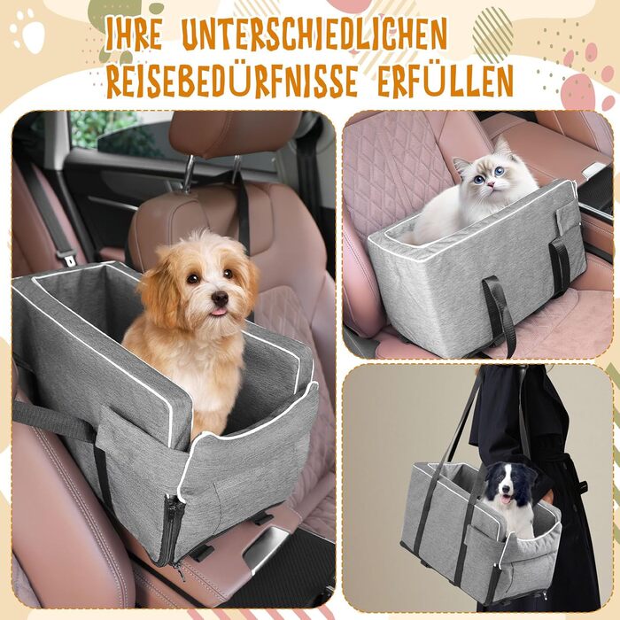 Автокрісло для маленьких собак: м'яка лежанка з підстаканником, сіра, 42x20x22 см