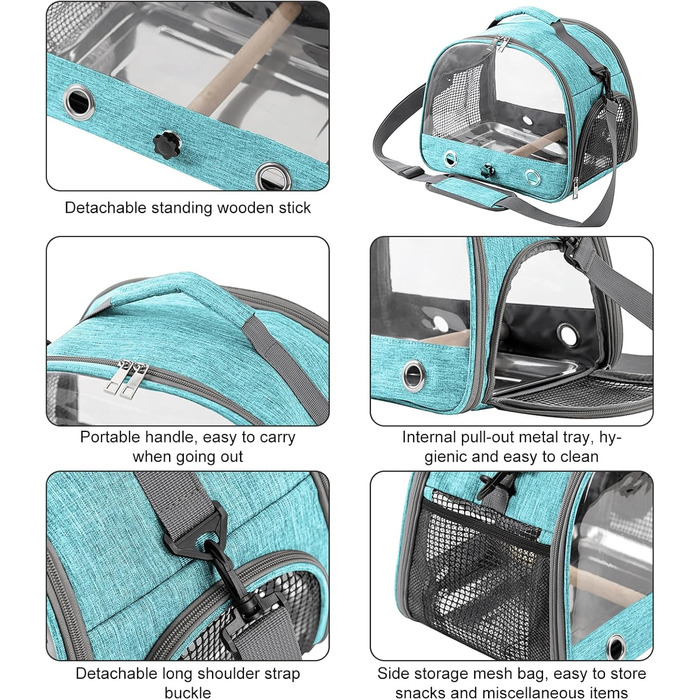 Транспортна сумка для птахів Vogel з підставкою та металевим підносом, переноска для папуг, рюкзак для птахів з дерев'яною ручкою, переносна клітка для малих птахів, блакитна