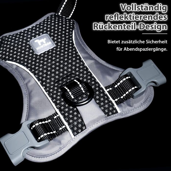 Шлейка для собак Huntboo Anti-Zug, проти вислизання, для малих, середніх та великих собак, не тягне, з світловідбиваючими елементами та 2 карабінами, не дає змогу душитися, регульована для тренувань та бігу (Чорний, S)