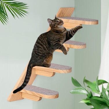 Кігтечка-полиця для котів WandMontierte Katze, дерев'яна, 4 сходинки, з плюшем, для лазіння, сну та ігор