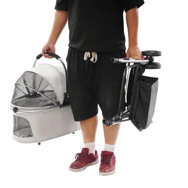 Складаний візок для собак 3-в-1 до 12 кг – Легкий візок для маленьких собак та котів з віднімним кошиком, регульованою ручкою та дихаючим дизайном (Сірий)