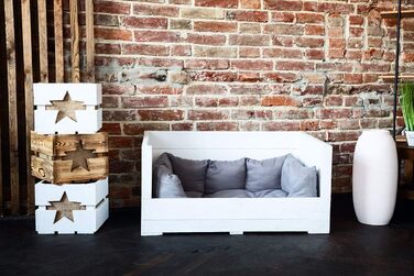 Собаче ліжко Kistenkolli Altes Land Balu з дерева з подушкою 90x57x45 см, корзина для собак, лежанка, вінтаж, для дому та вулиці, білий колір