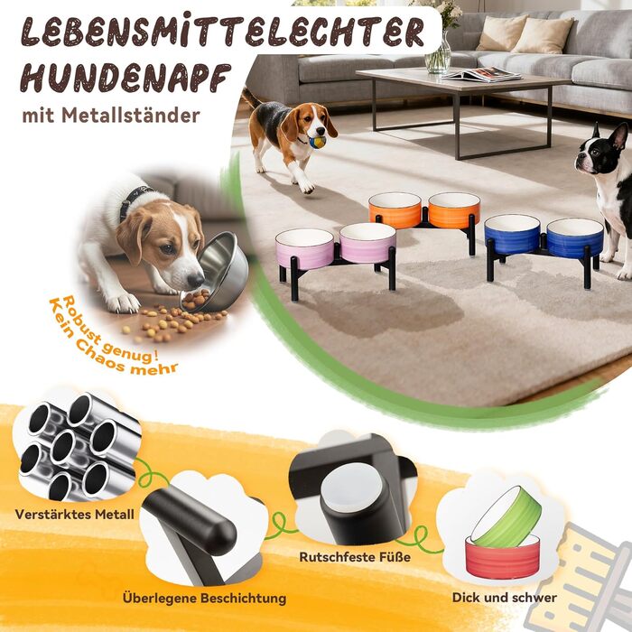 Керамічна годівниця для собак на підставці з нержавіючої сталі - подвійна годівниця для маленьких та середніх собак, антиковзаюча, для корму та води, 350г/660мл, 15см, блакитна