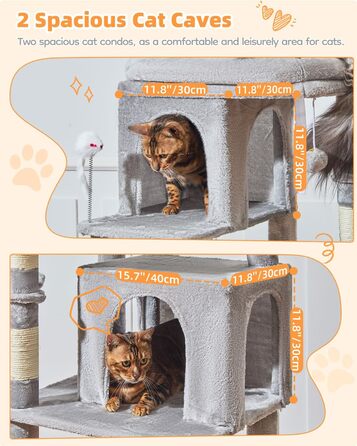 Котячий комплекс Taoqimiao MS044W, 190 см, сірий: багатоярусна котяча вежа з 2 будиночками, гамаком, 8 стовпчиками для дряпання та 2 підвісними кошиками