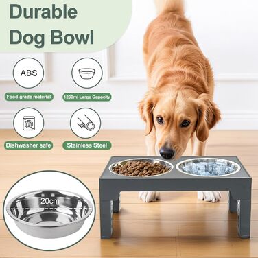 Підвищена годівниця для собак з регулюванням висоти (8-31 см), 2 миски з нержавіючої сталі та 1 миска для повільного годування, антиковзаюча, BPA-free пластик (сіра)