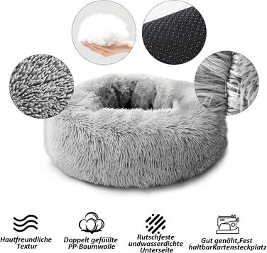Кругле ліжко для собак та котів Caliyo, середнього розміру, 70 см, сірий колір, м'яке, миється, підходить для сушки