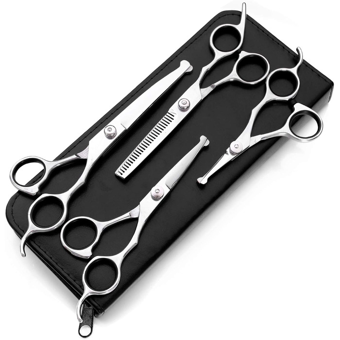 Набір професійних ножиць для грумінгу собак 9CR Edelstahl з безпечними закругленими кінцями. Комплект для догляду за шерстю собак, котів та інших тварин: ножиці для стрижки, розріджування та вирівнювання. Срібний колір.