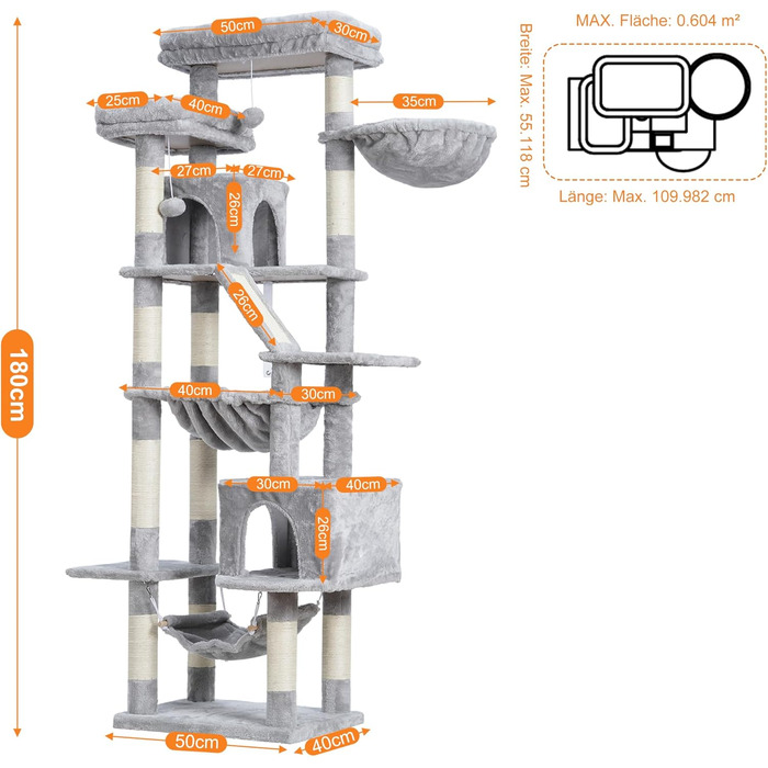 Кігтеточка-будинок для котів Heybly HCT034G, 180 см, сірий, з 2 платформами, 2 будиночками, гамаком, корзиною та когтеточкою