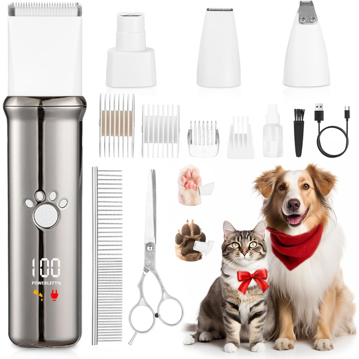 Триммер для собак 4-в-1: машинка для стрижки, ножиці, точилка для кігтів, гребінець. Безшумна, акумуляторна. Підходить для собак та котів.