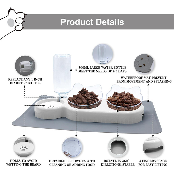 Набір мисок для котів та собак 2 в 1 з диспенсером для води, ковзаючою підкладкою та лопаткою. Нахил 15°, миски для сухого та вологого корму, білий колір